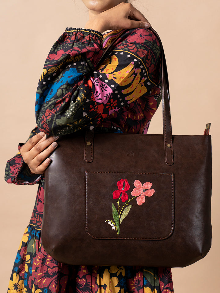 Hand Embroidered Brown Iris Tote Bag