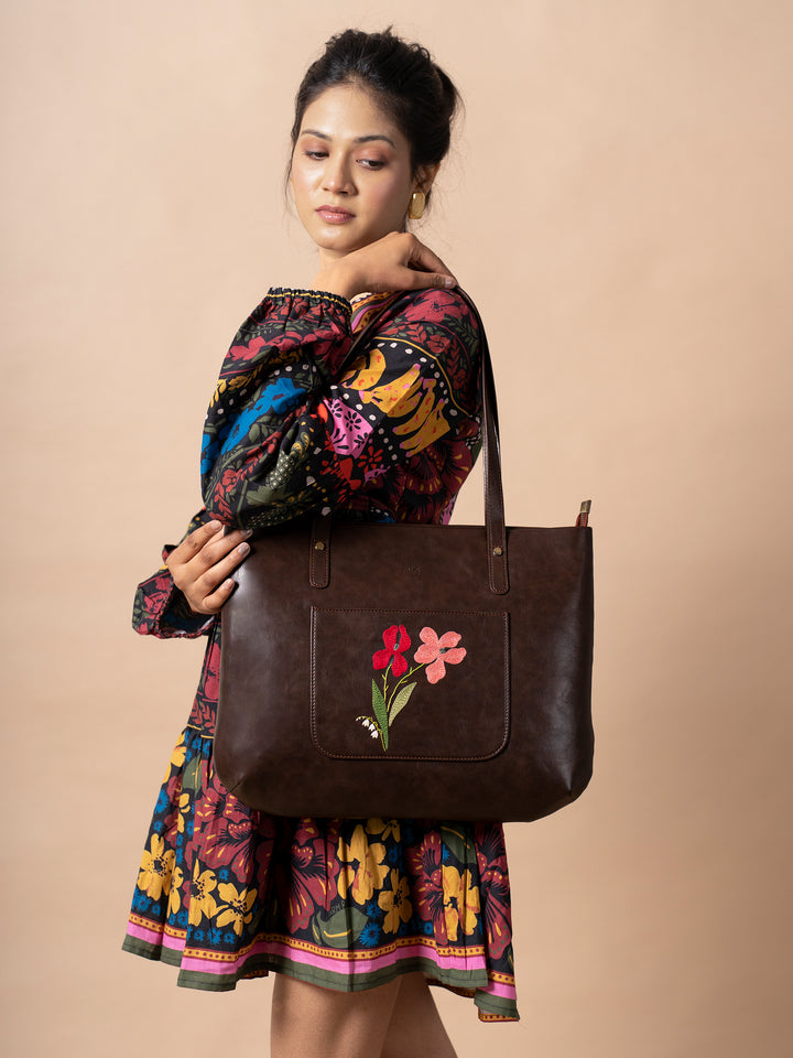 Hand Embroidered Brown Iris Tote Bag