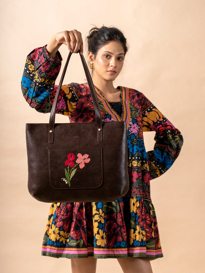 Hand Embroidered Brown Iris Tote Bag