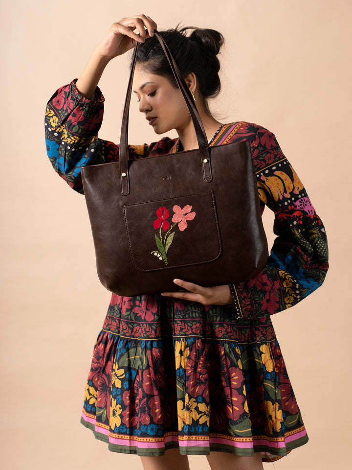 Hand Embroidered Brown Iris Tote Bag