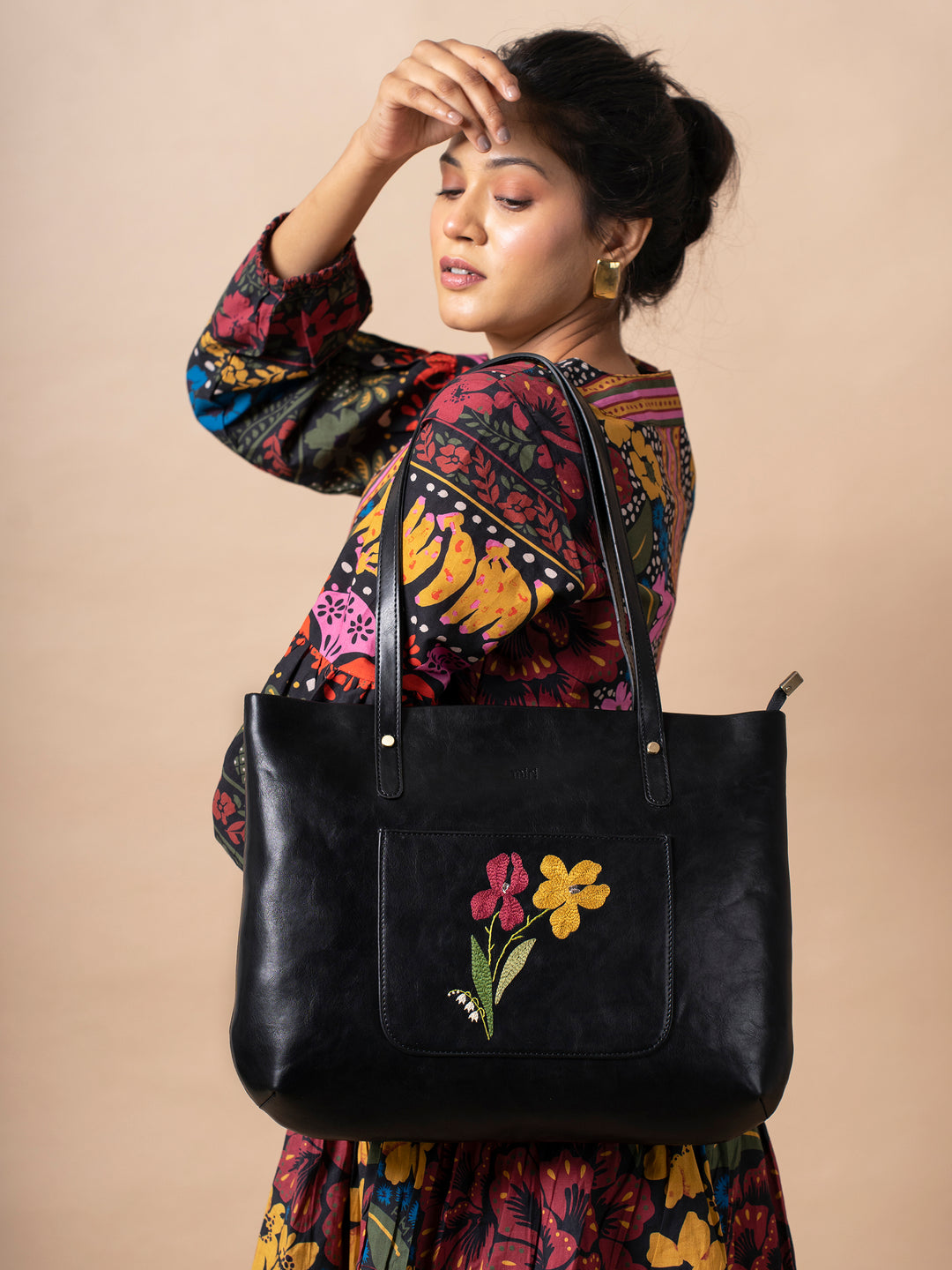 Hand Embroidered Black Iris Tote Bag