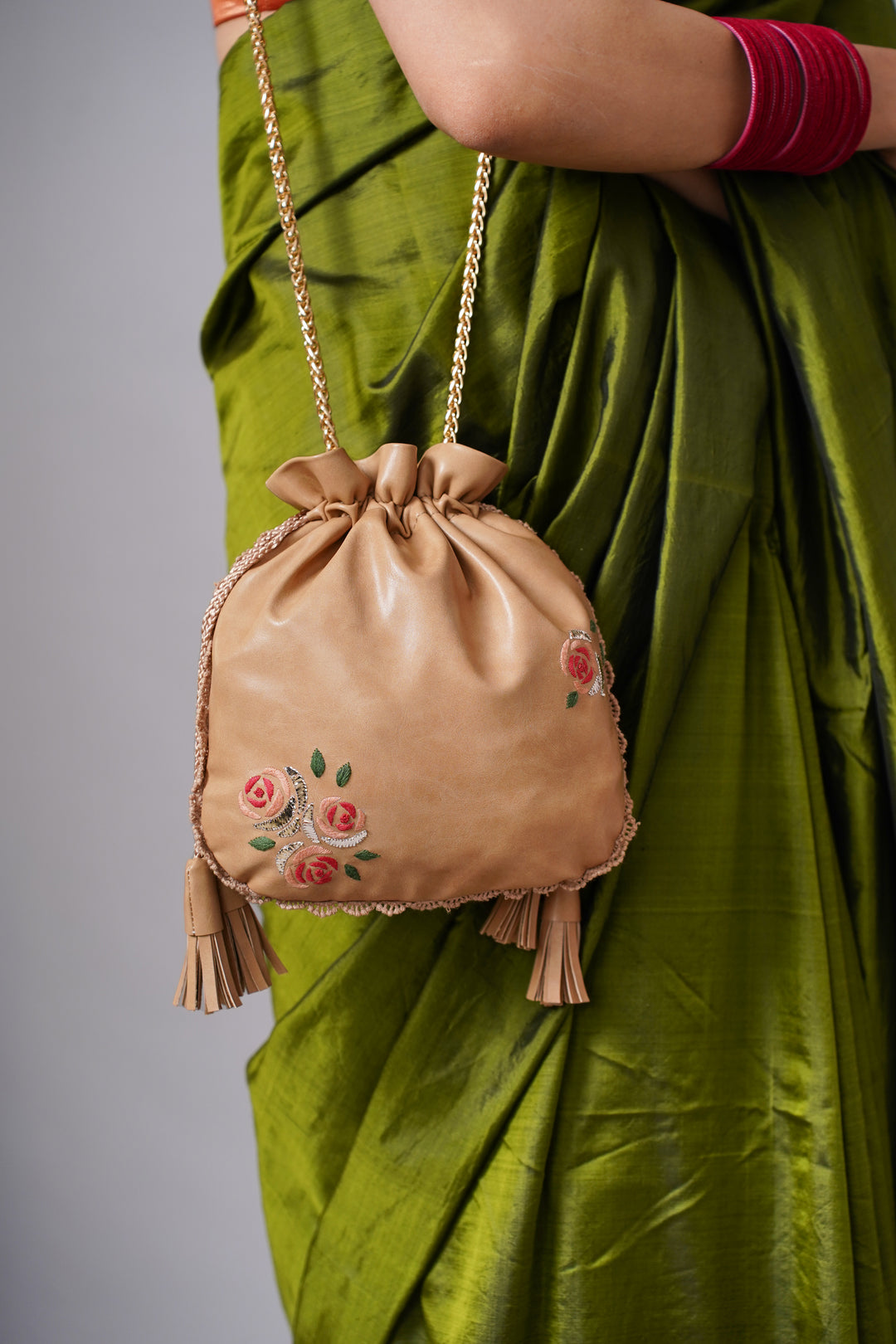 Beige Hand Embroidered Roses Potli Bag