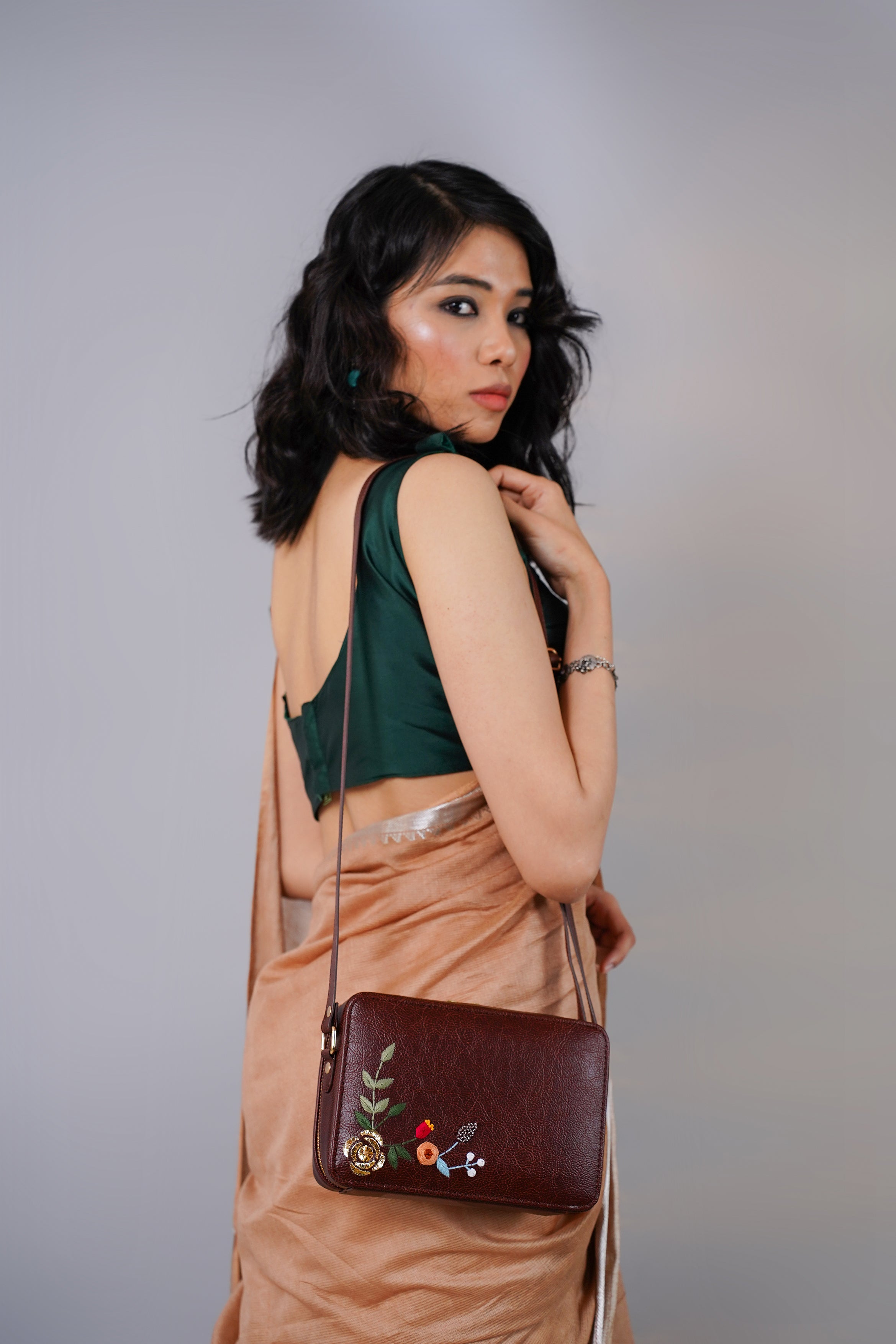 Hand Embroidered Golden Rose Sling Bag – Miri