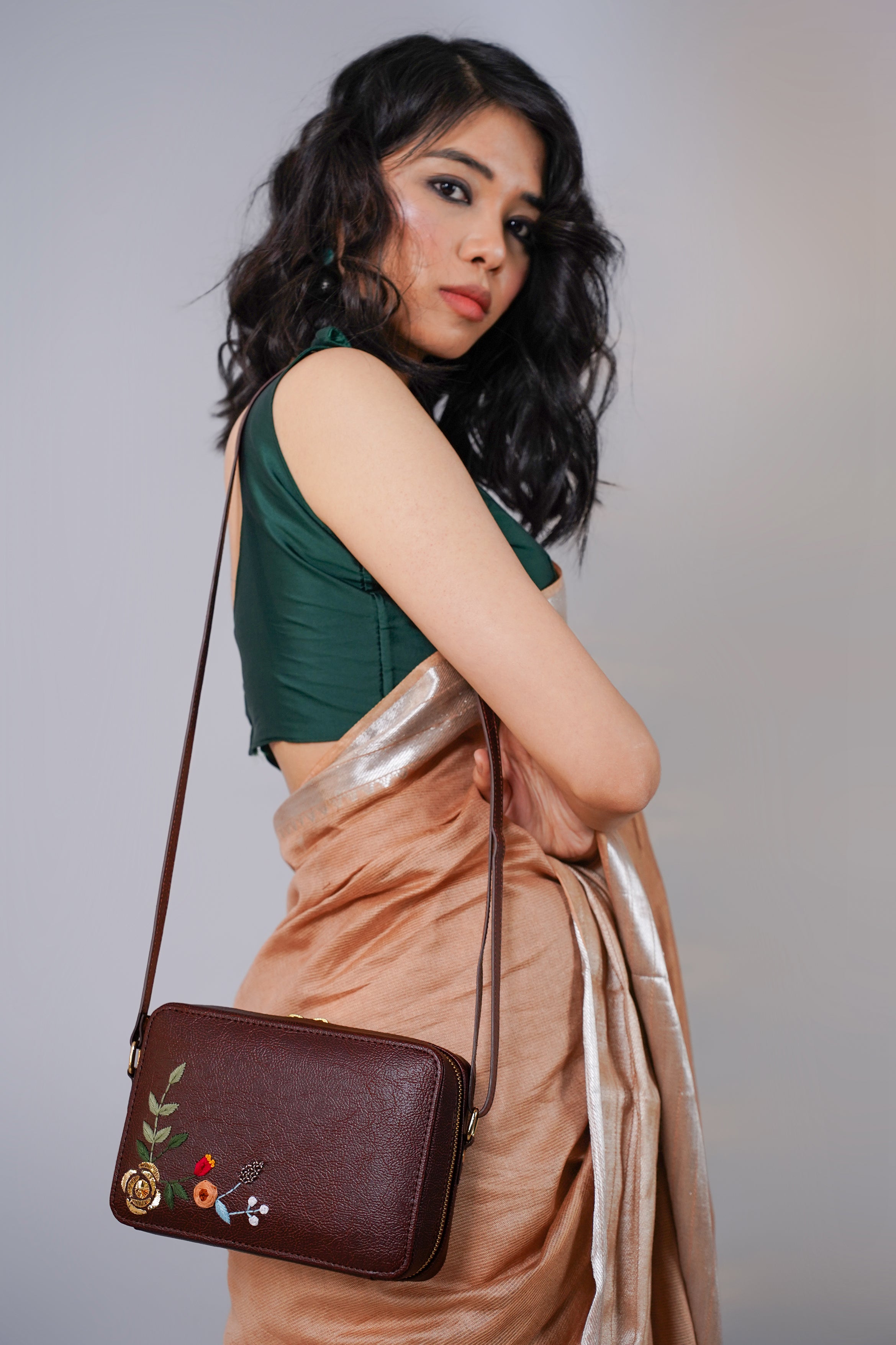 Hand Embroidered Golden Rose Sling Bag – Miri