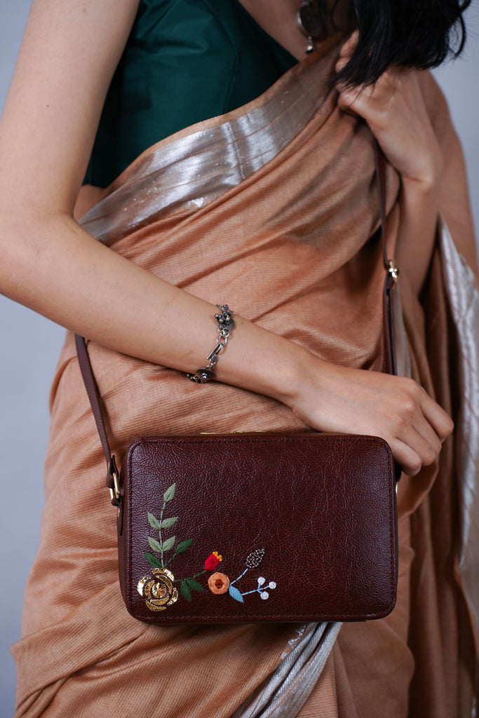 Hand Embroidered Golden Rose Sling Bag – Miri