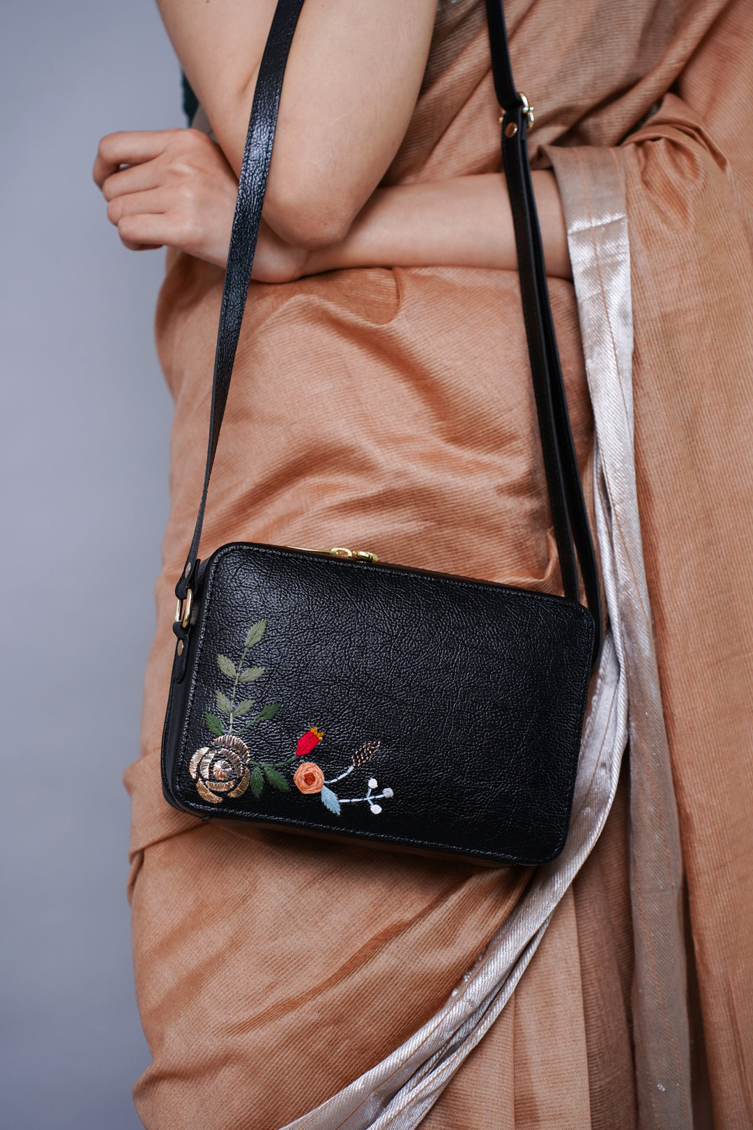 Hand Embroidered Silver Rose Sling Bag