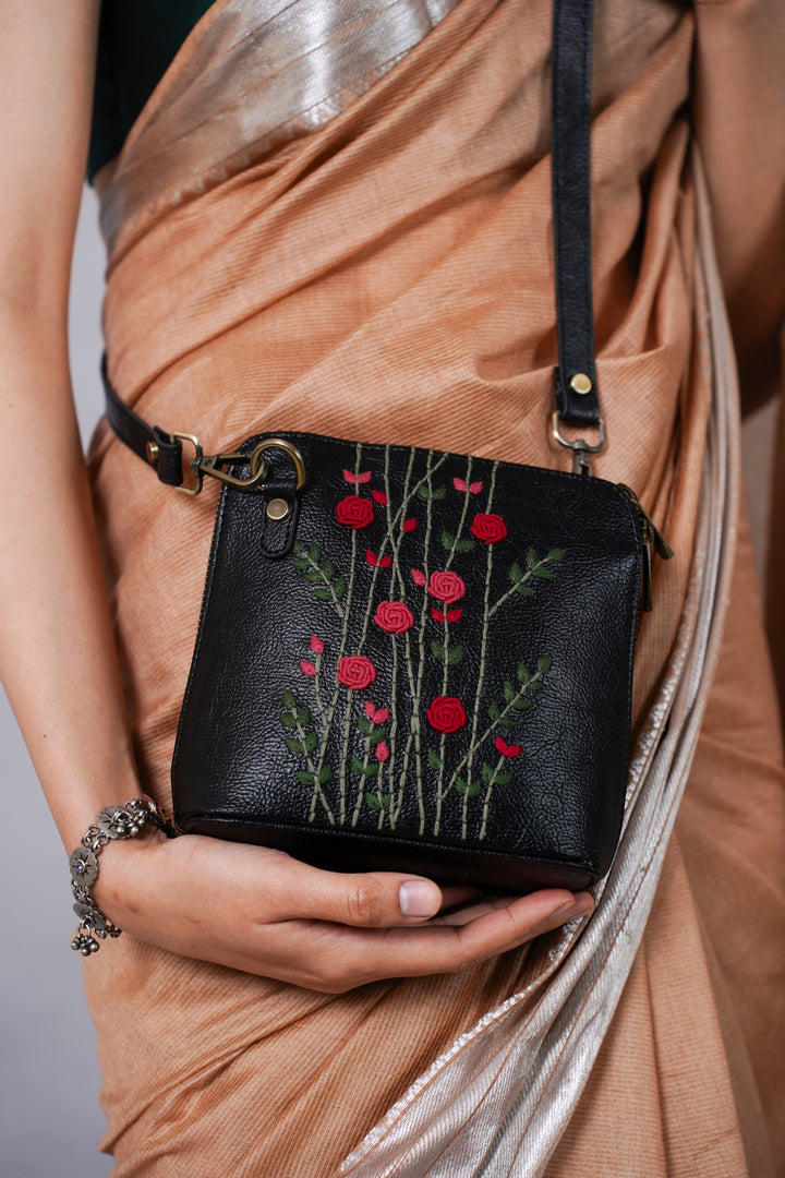 Hand Embroidered Red Rosebuds Venice Sling Bag