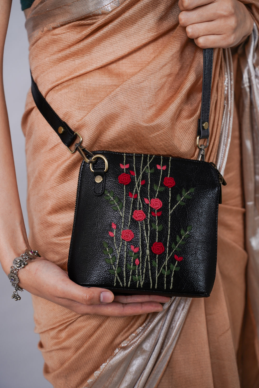 Hand Embroidered Red Rosebuds Venice Sling Bag