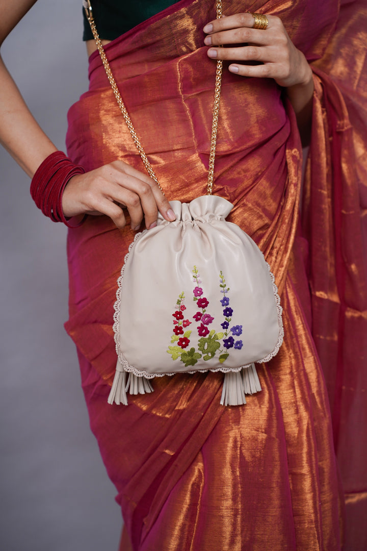 White Hand Embroidered Wildflowers Potli Bag