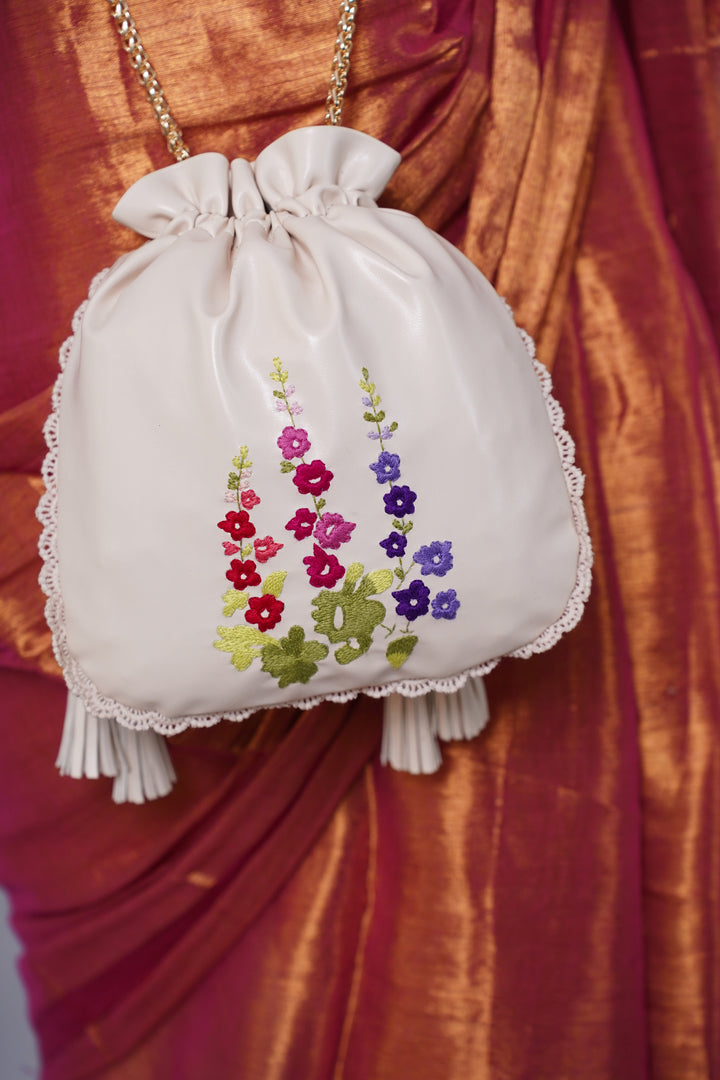 White Hand Embroidered Wildflowers Potli Bag