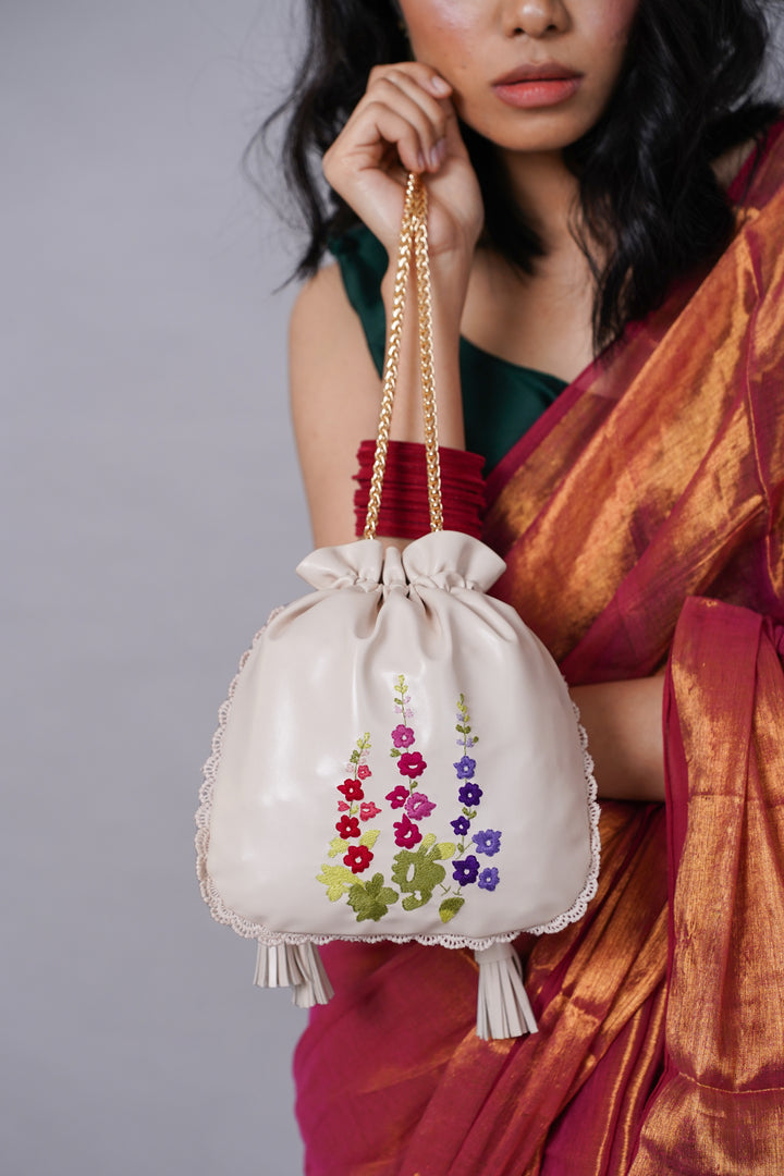 White Hand Embroidered Wildflowers Potli Bag