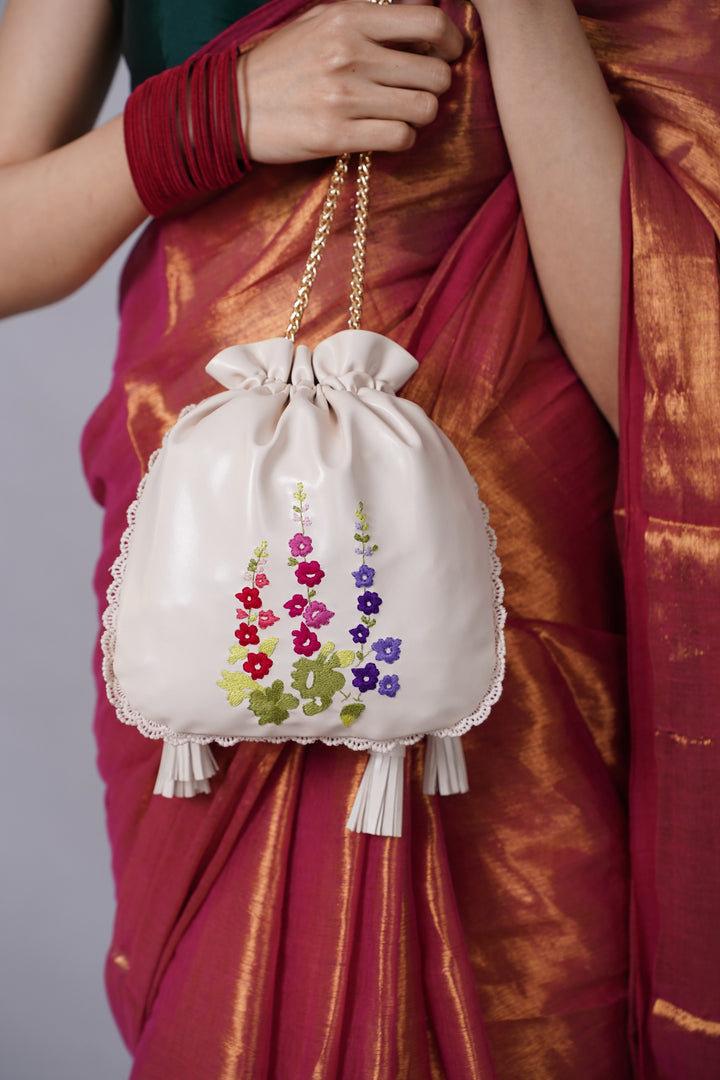 White Hand Embroidered Wildflowers Potli Bag