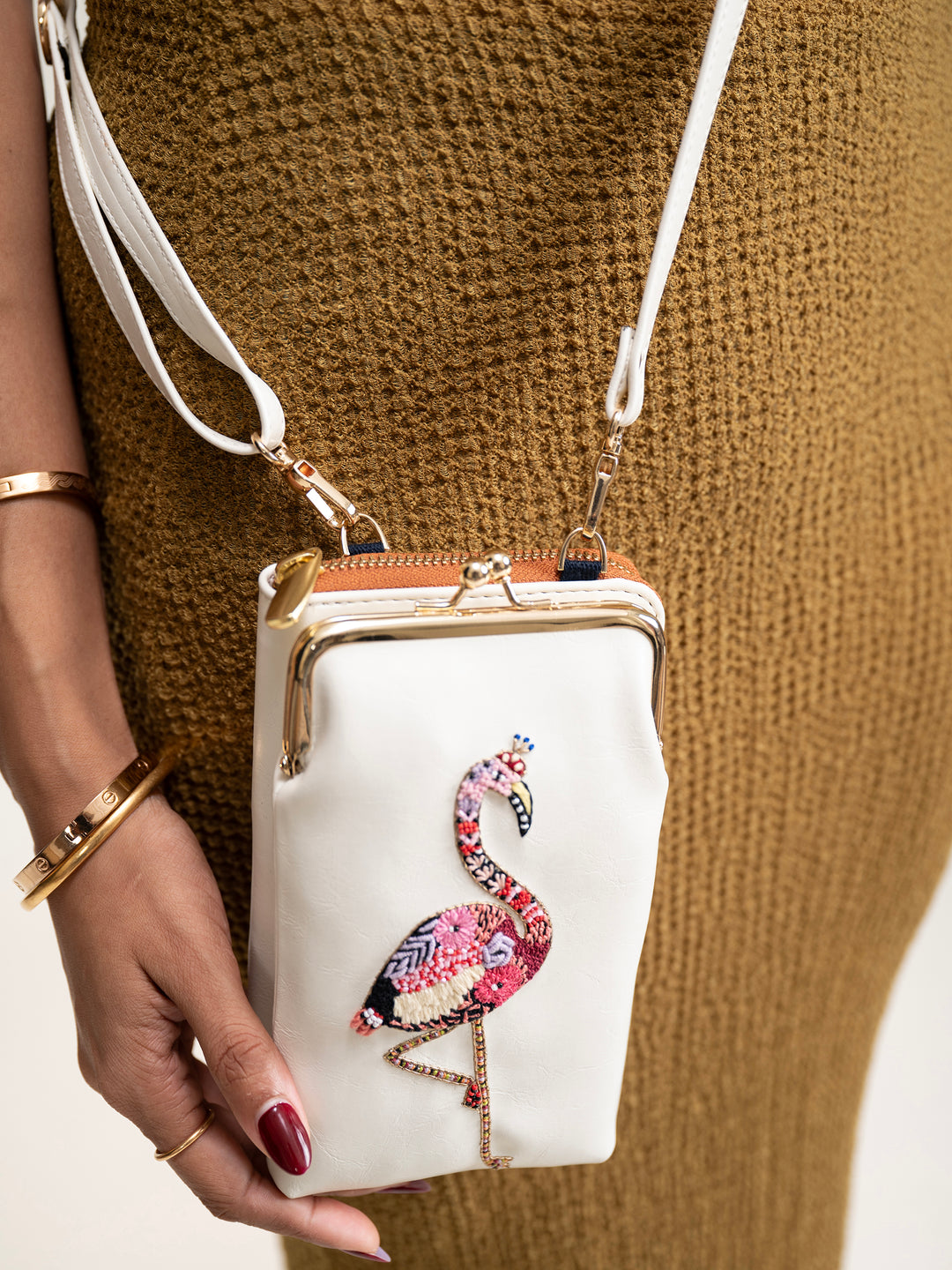 Hand Embroidered Flamingo Mobile cum Wallet Sling