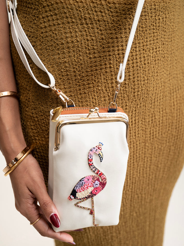 Hand Embroidered Flamingo Mobile cum Wallet Sling