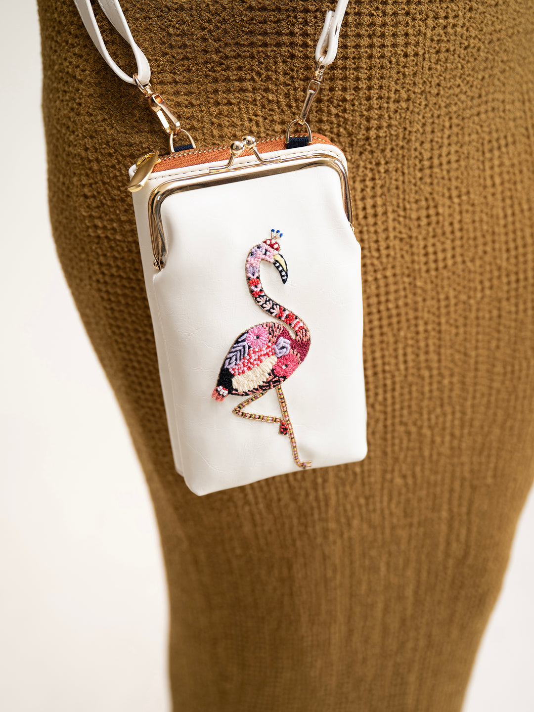 Hand Embroidered Flamingo Mobile cum Wallet Sling