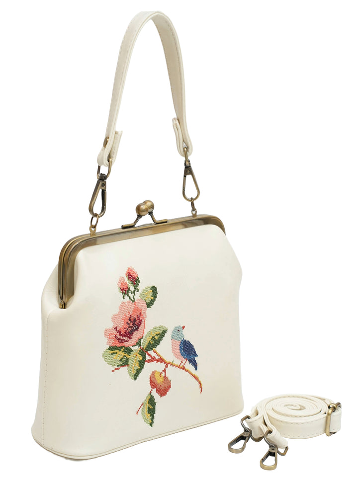 Morning Melody Cross Stitched Kisslock Clutch - White