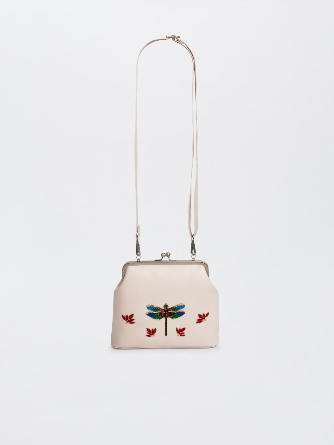 Ivory Hand Embroidered Metallic Dragonfly Clutch