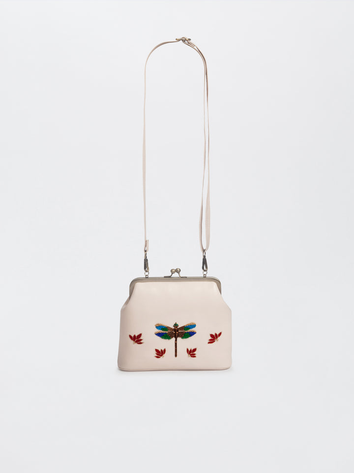 Ivory Hand Embroidered Metallic Dragonfly Clutch