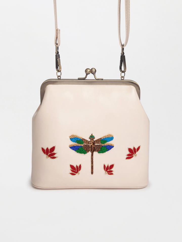 Ivory Hand Embroidered Metallic Dragonfly Clutch