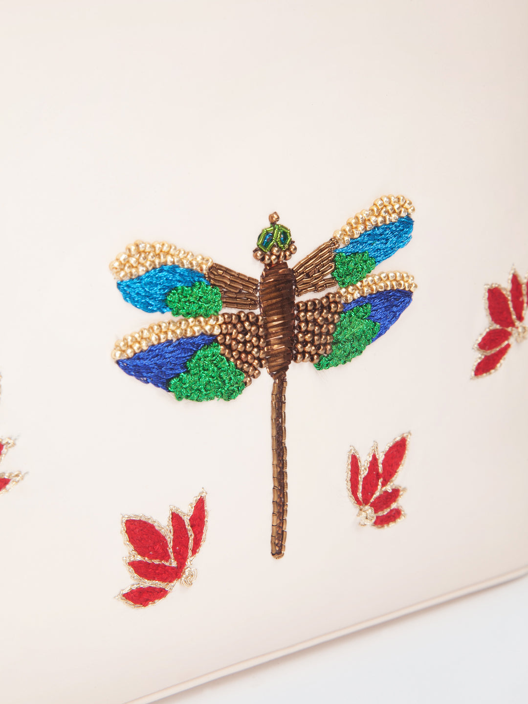 Ivory Hand Embroidered Metallic Dragonfly Clutch