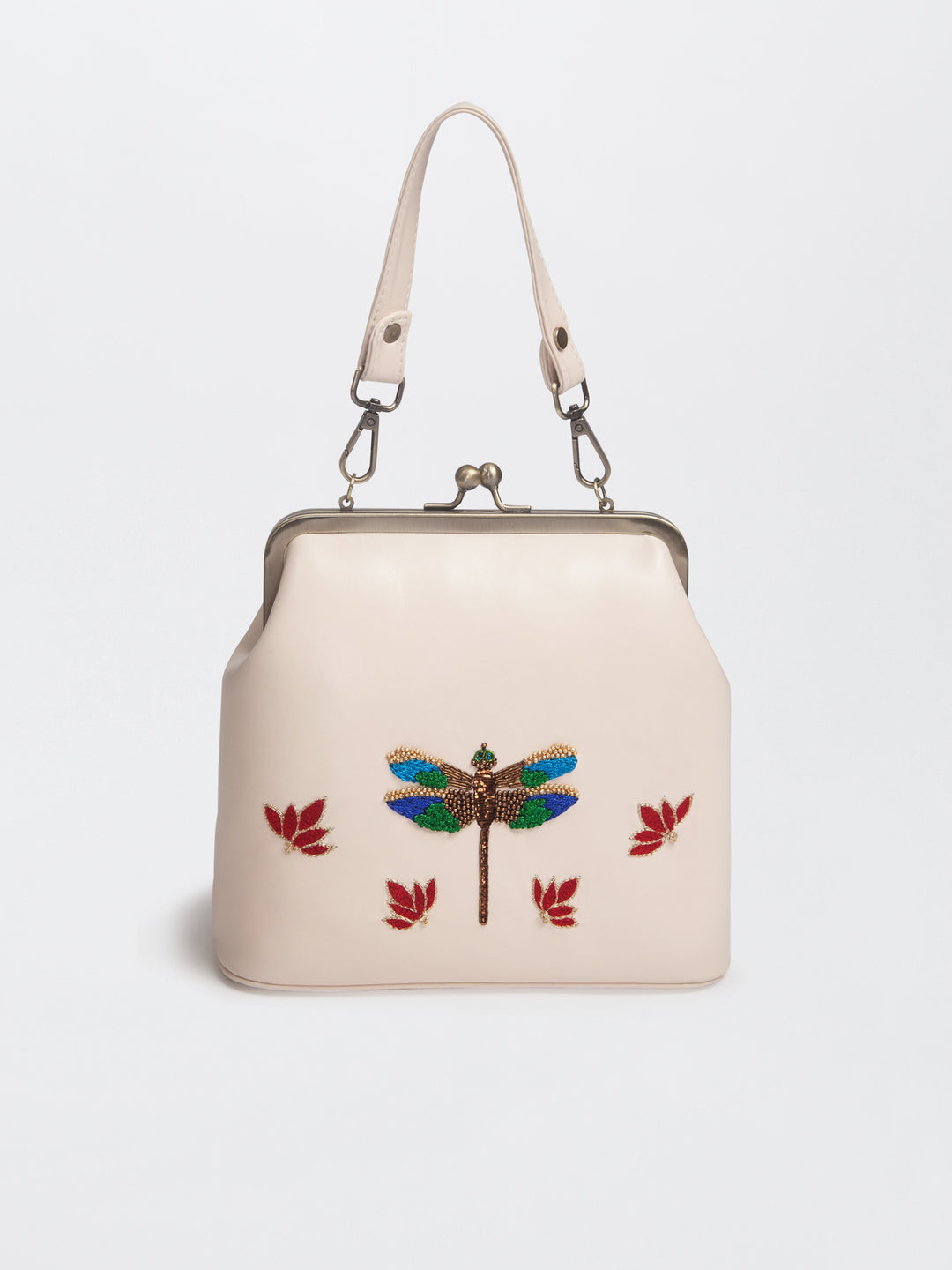 Ivory Hand Embroidered Metallic Dragonfly Clutch