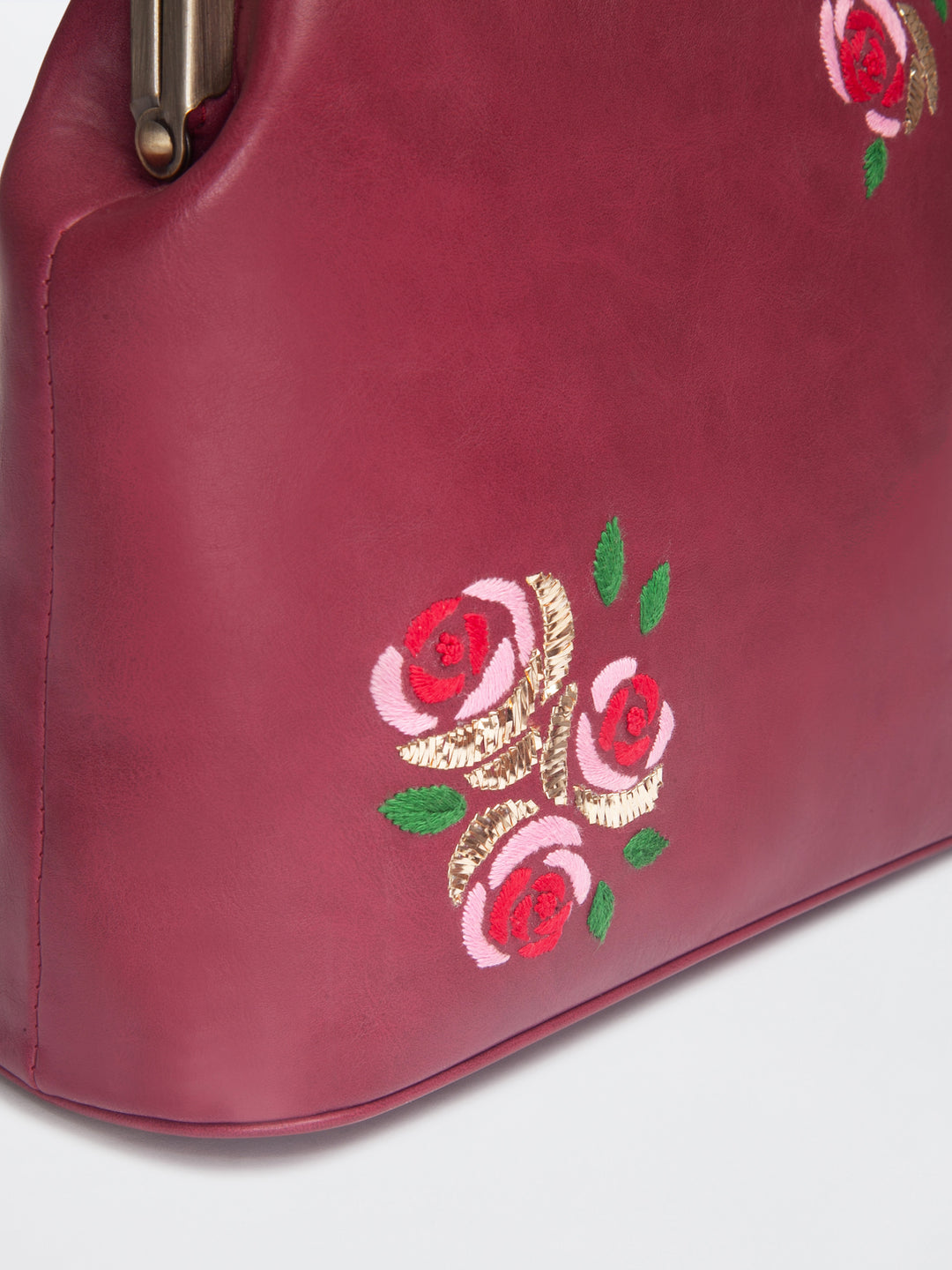 Burgundy Hand Embroidered Three Roses Clutch