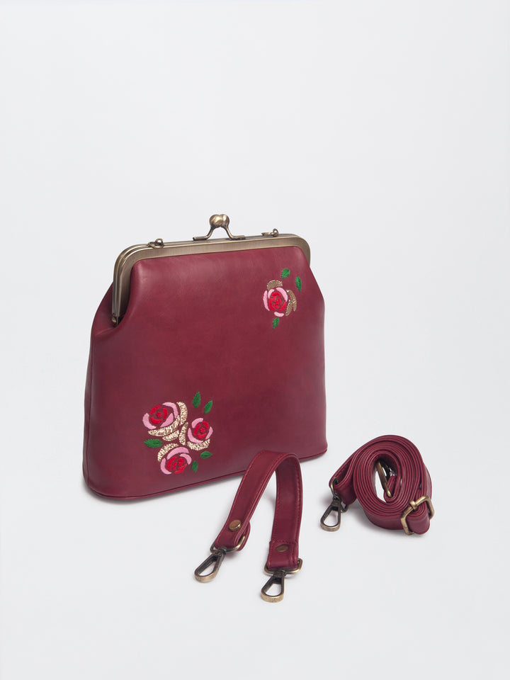 Burgundy Hand Embroidered Three Roses Clutch