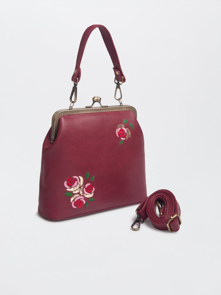 Burgundy Hand Embroidered Three Roses Clutch