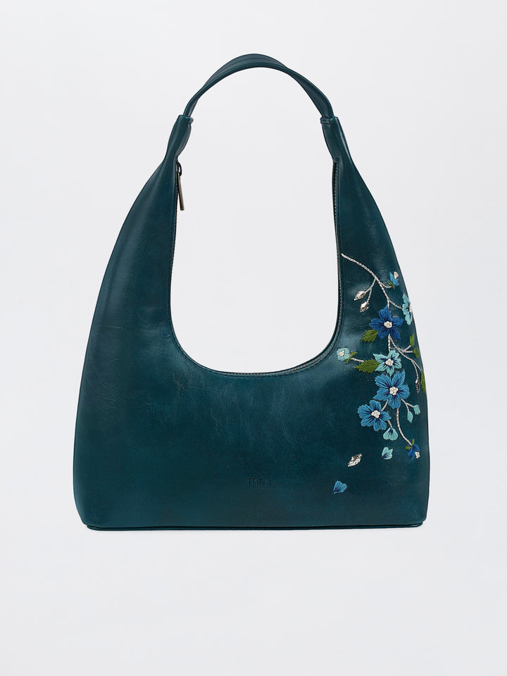 Misty Petals Hand Embroidered Shoulder Bag - Teal