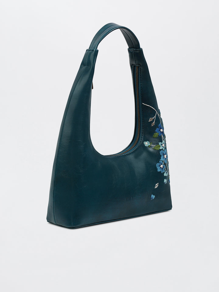 Misty Petals Hand Embroidered Shoulder Bag - Teal