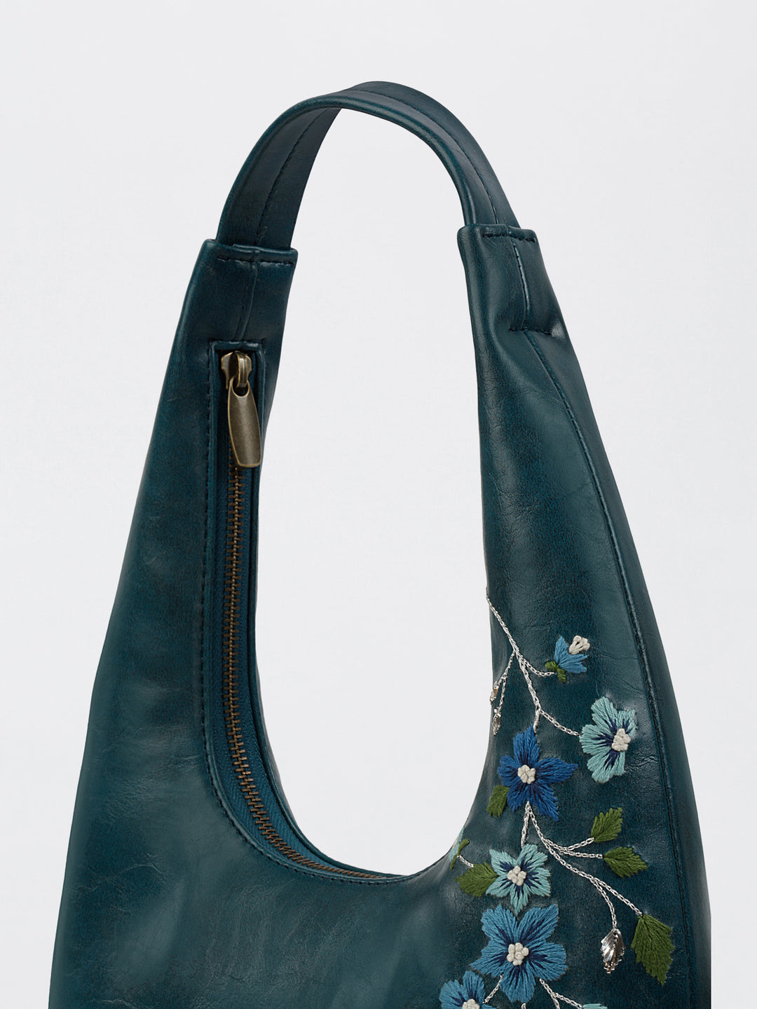 Misty Petals Hand Embroidered Shoulder Bag - Teal
