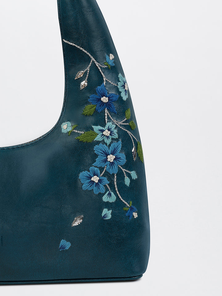 Misty Petals Hand Embroidered Shoulder Bag - Teal