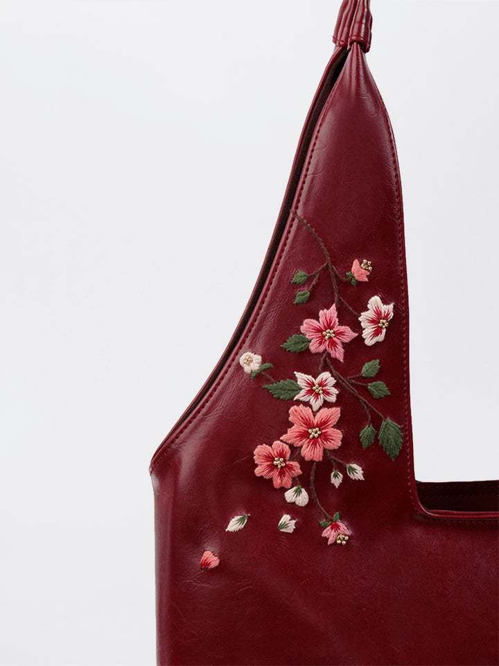 Misty Petals Hand Embroidered Chowk Tote - Kafal Berry