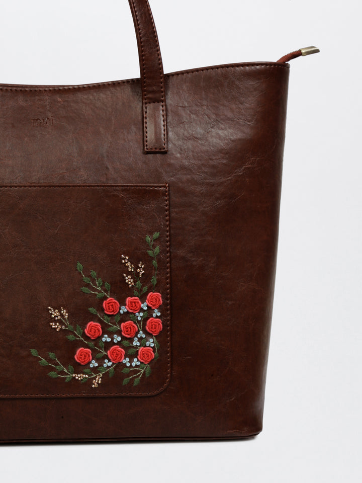 Van Gulab Hand Embroidered Safar Tote - Brown