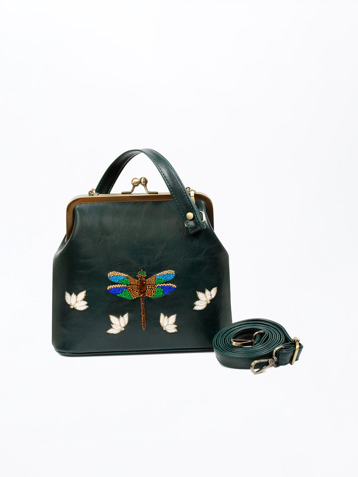 Dragonfly - Hand Embroidered Vintage Clutch - Green
