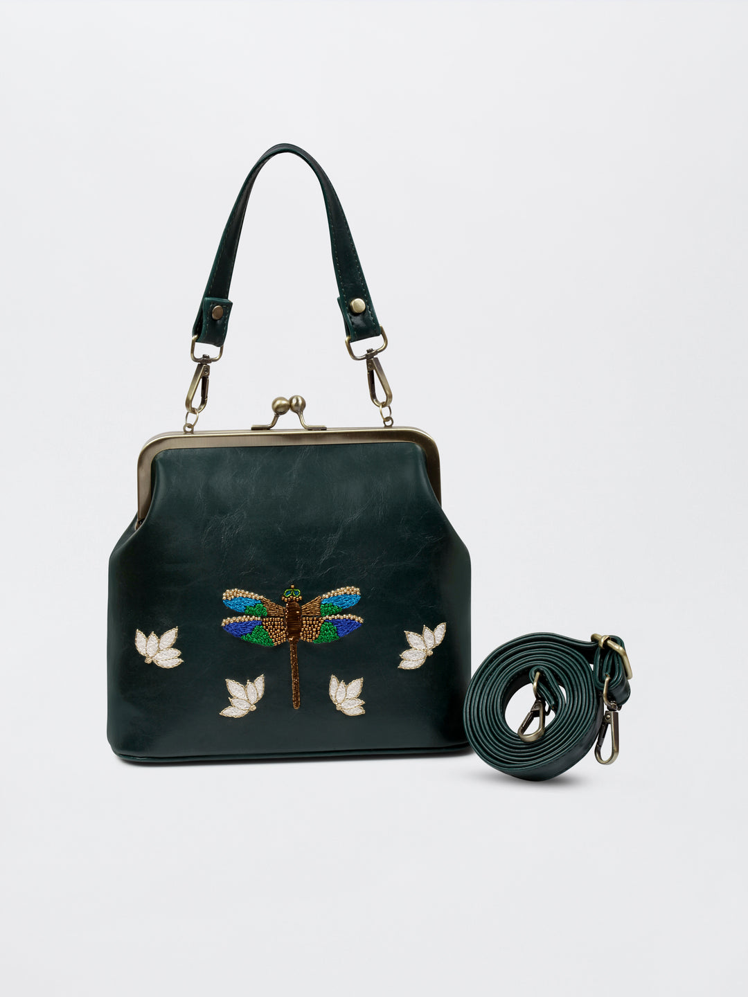 Dragonfly - Hand Embroidered Vintage Clutch - Green
