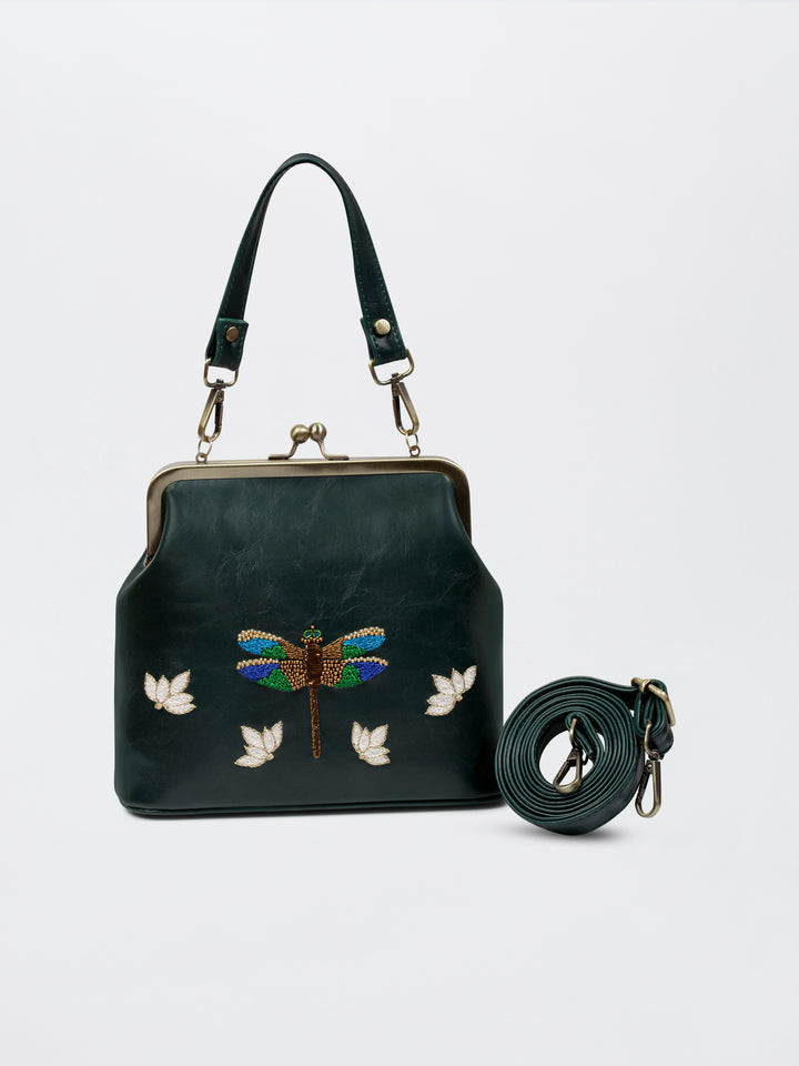 Dragonfly - Hand Embroidered Vintage Clutch - Green