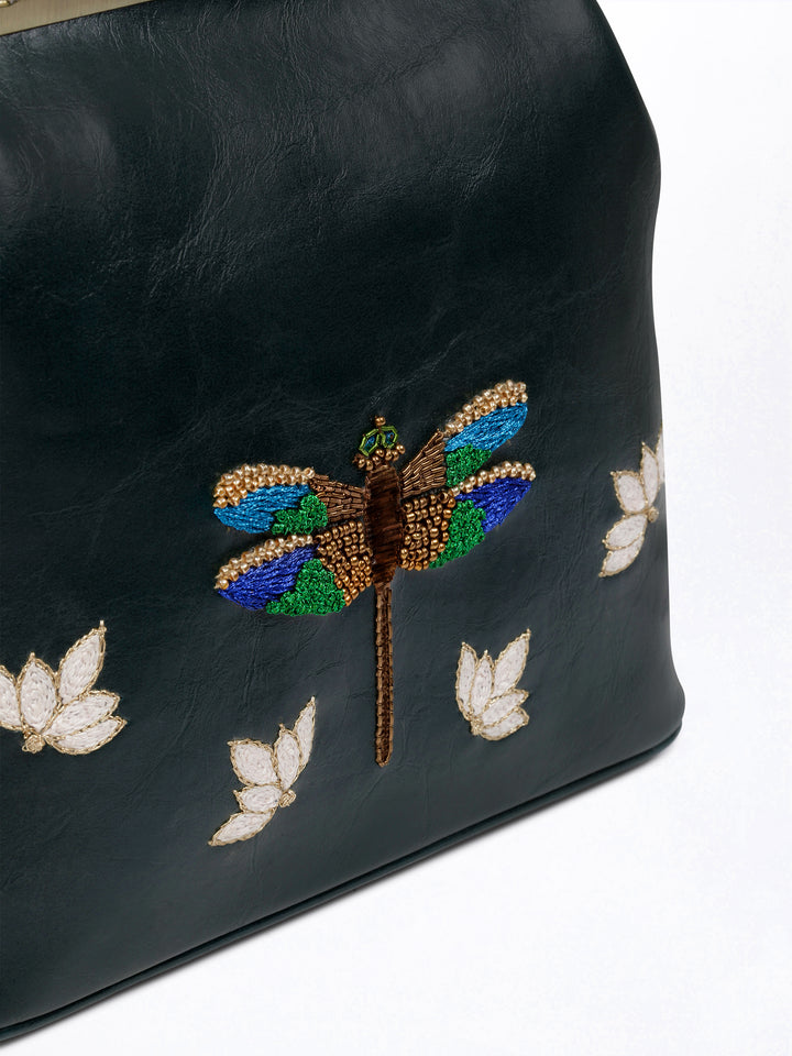 Dragonfly - Hand Embroidered Vintage Clutch - Green