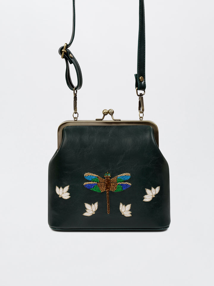 Dragonfly - Hand Embroidered Vintage Clutch - Green