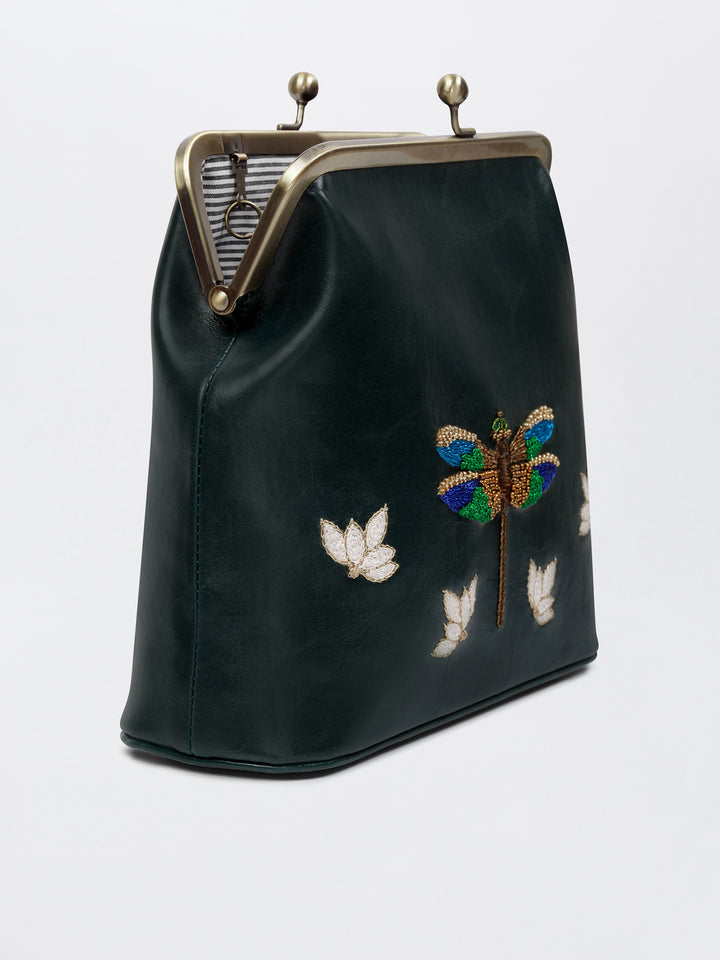 Dragonfly - Hand Embroidered Vintage Clutch - Green