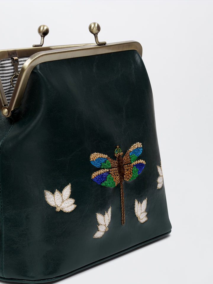Dragonfly - Hand Embroidered Vintage Clutch - Green