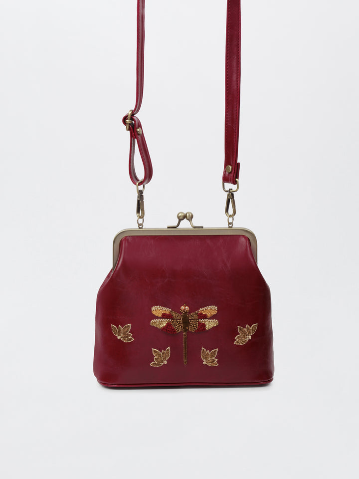 Dragonfly - Hand Embroidered Vintage Clutch - Maroon
