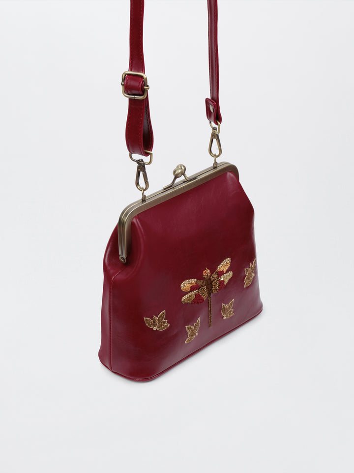 Dragonfly - Hand Embroidered Vintage Clutch - Maroon