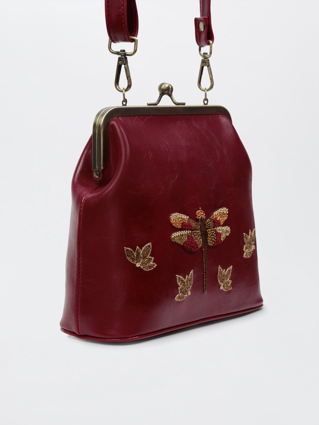 Dragonfly - Hand Embroidered Vintage Clutch - Maroon