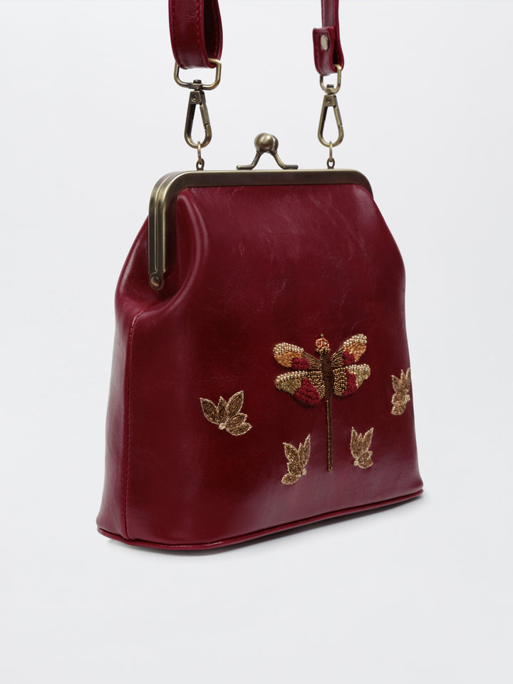 Dragonfly - Hand Embroidered Vintage Clutch - Maroon