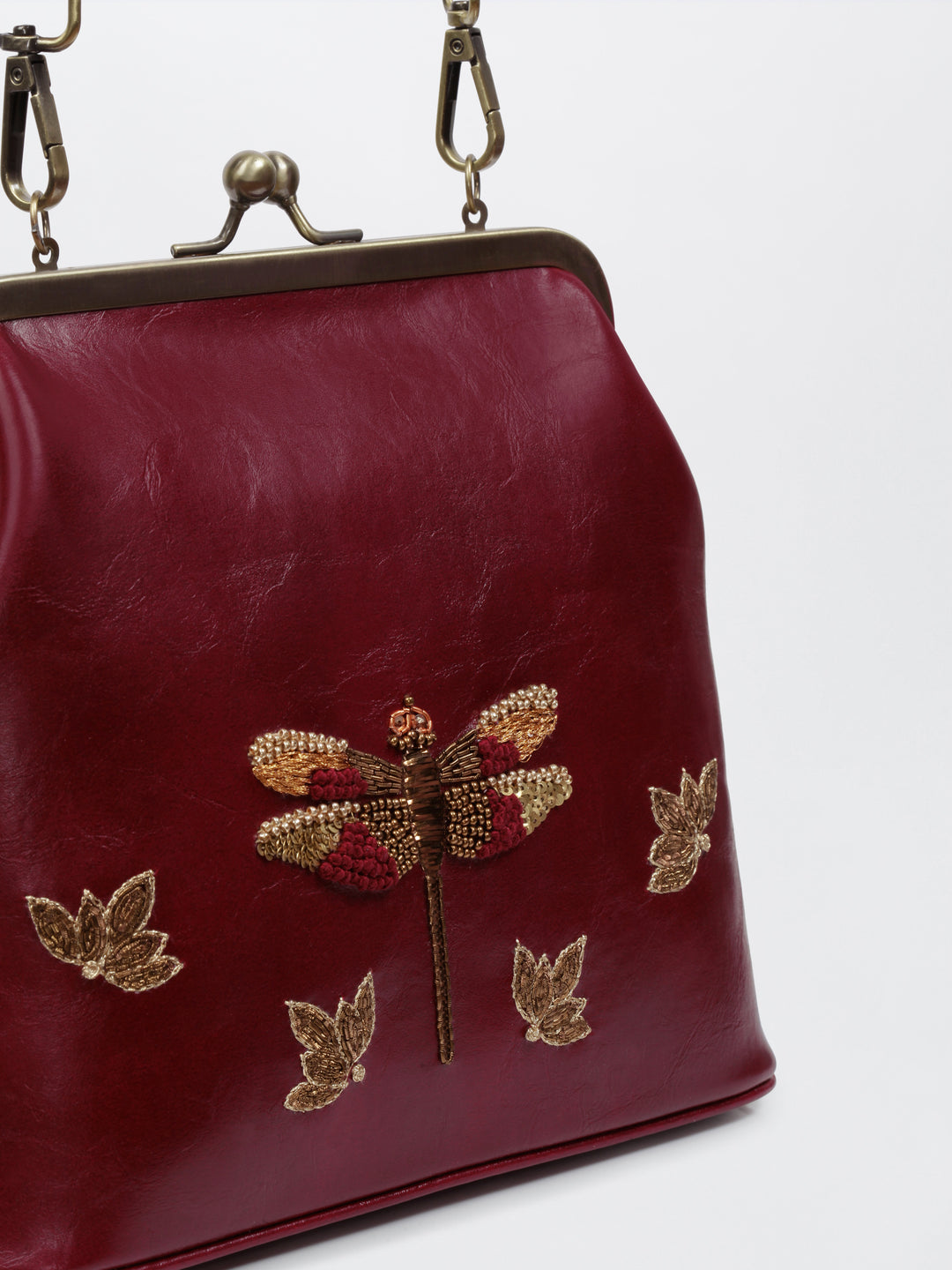 Dragonfly - Hand Embroidered Vintage Clutch - Maroon