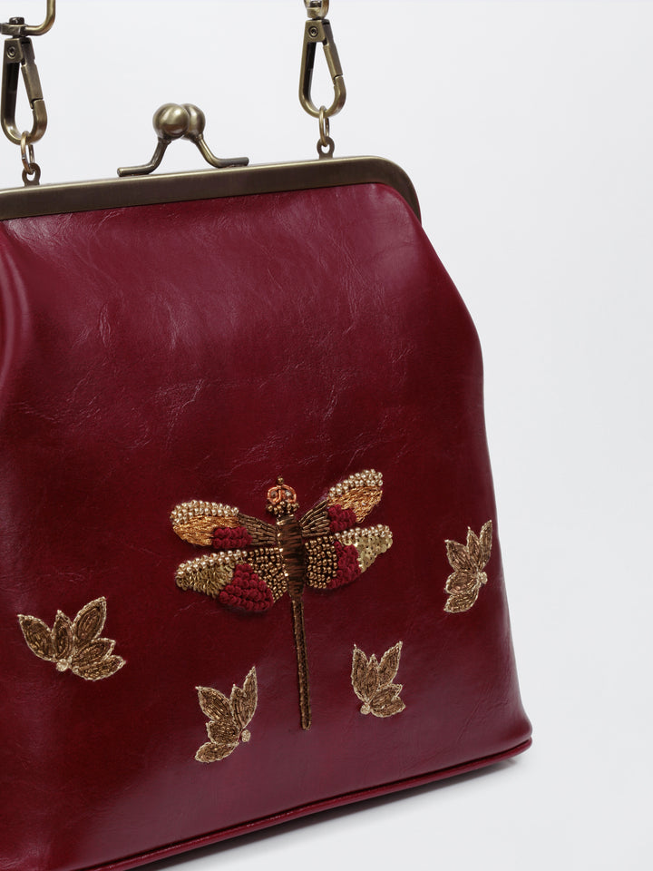 Dragonfly - Hand Embroidered Vintage Clutch - Maroon