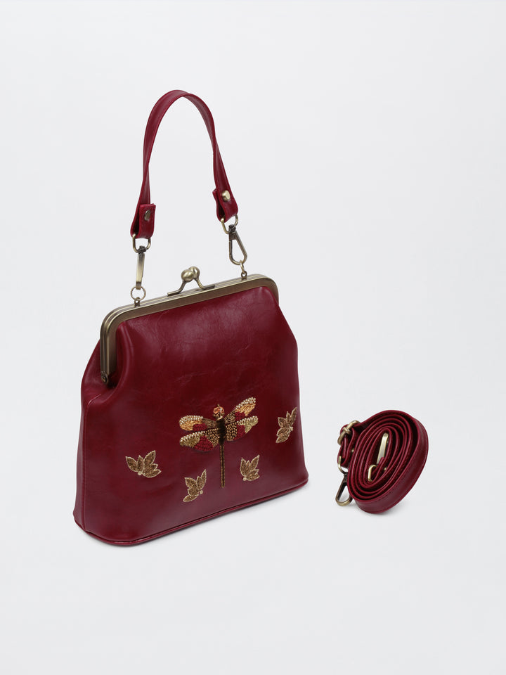 Dragonfly - Hand Embroidered Vintage Clutch - Maroon