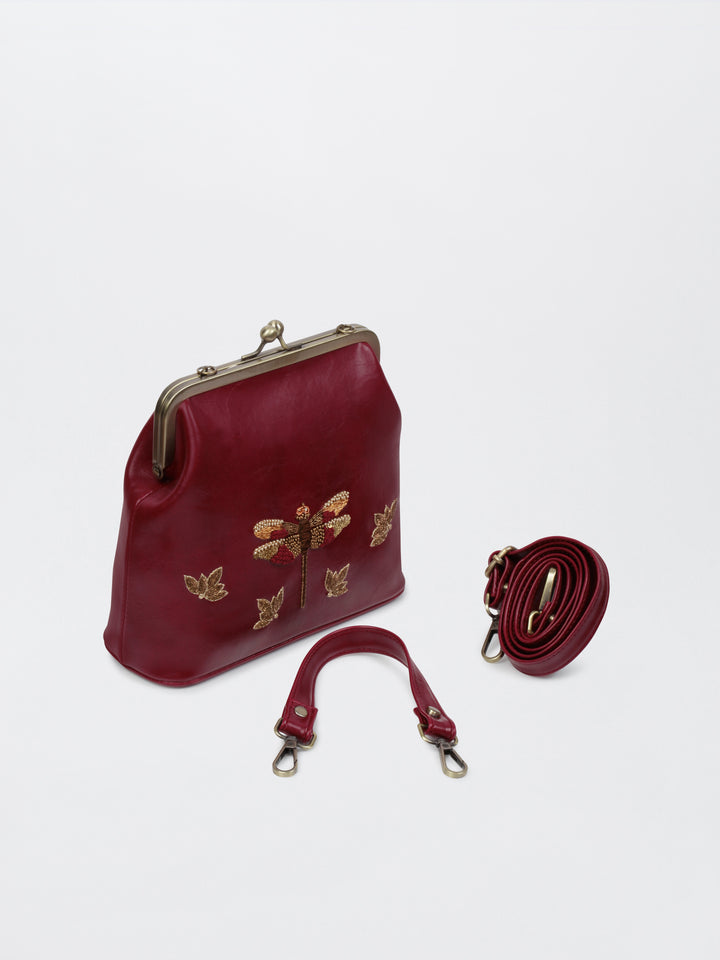 Dragonfly - Hand Embroidered Vintage Clutch - Maroon