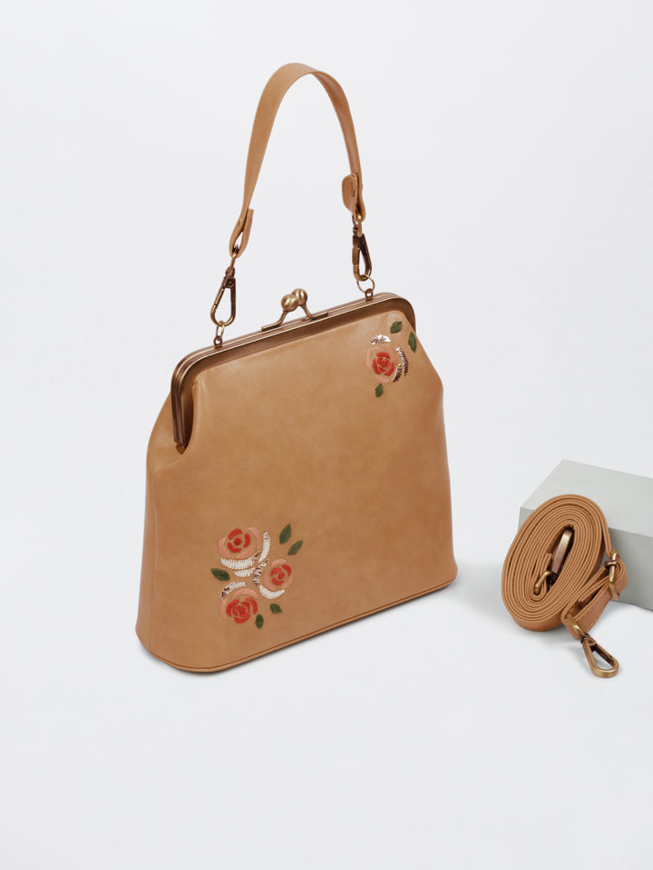 Three Roses - Hand Embroidered Vintage Clutch - Beige